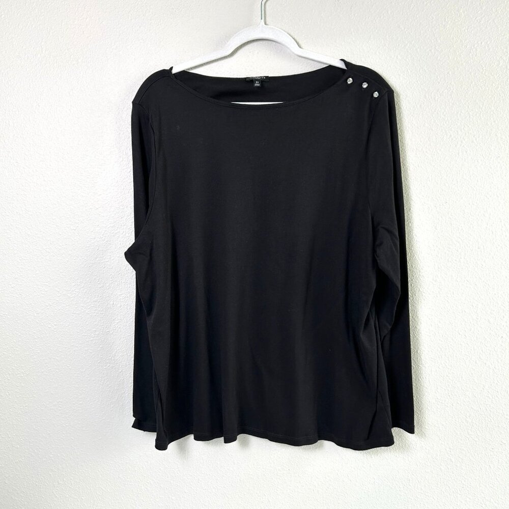 Talbots T Shirt Womens 3X‎ Black Long Sleeve Boatneck Rhinestone Shoulder Bling
